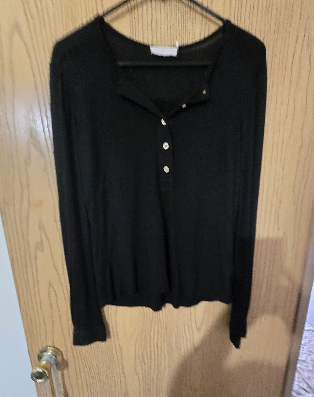 Tory Burch Black Long-Sleeve Henley Top with Button Placket